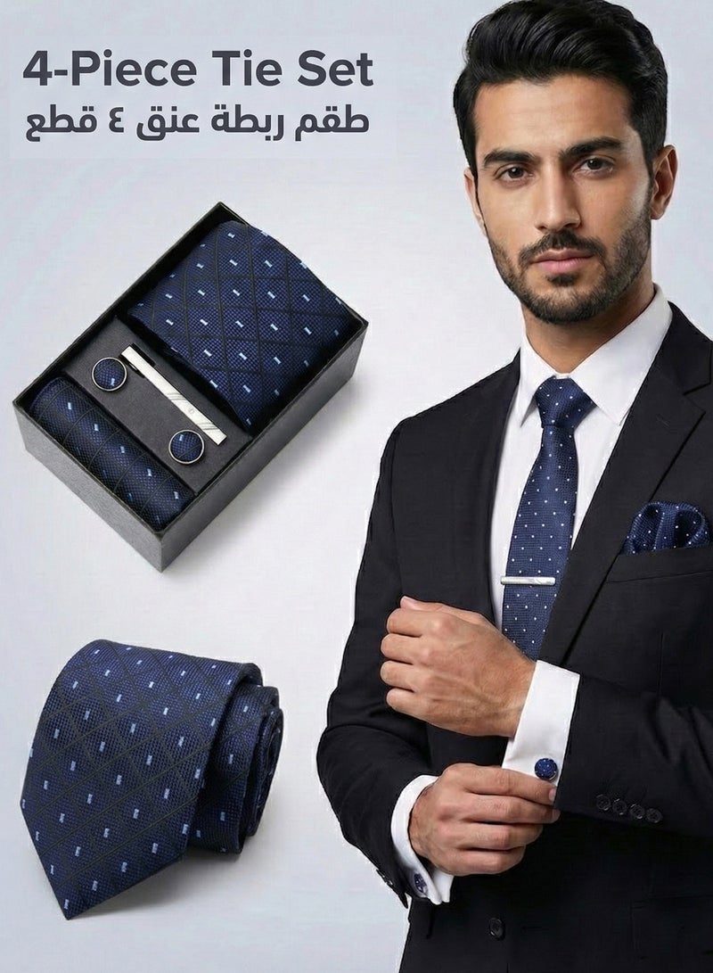 FIORICASA Men's 4-Piece Tie Gift Set - Navy Blue Geometric Plaid Necktie with Pocket Square, Cufflinks and Silver Tie Clip - Formal Business & Wedding Accessory Box - Image 1